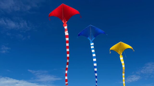 Vibrant Colorful Kites Flying in Clear Blue Sky with Long Tails for International Kite Day Celebration