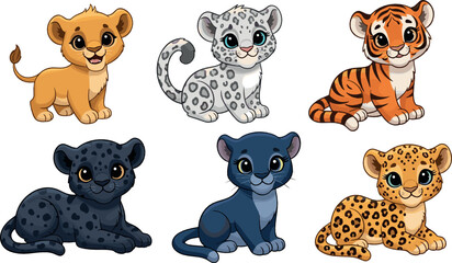 Cute wild cat cubs cartoon vector illustration set with lion tiger leopard panther and snow leopard baby animals © Yevhenii creative