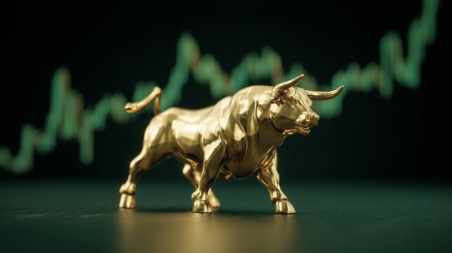 Golden bull made of solid gold charging forward with rising green stock chart, symbol of gold price surge, cinematic lighting, financial market concept