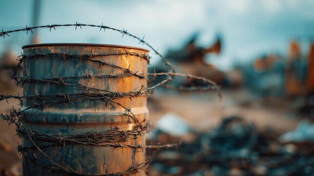 Oil barrel wrapped with barbed wire placed in front of blurred battlefield background, symbol of supply disruption, moody lighting, shallow depth of field