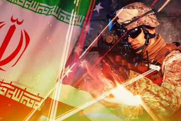 Obraz premium Conflict between Iran and USA displays military tension and readiness in modern warfare context