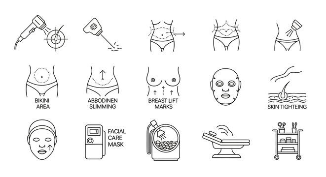 Cosmetic surgery and beauty treatment icons showing body contouring and skin rejuvenation procedures