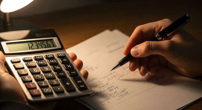 Hand holding calculator and pen writing numbers on paper under lamp light