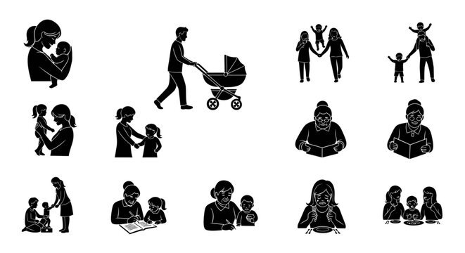 Title:
Family life silhouette icons set with parents, children, baby stroller, parenting activities and family interactions, black silhouette family concept illustration
