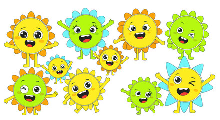 Obraz premium Cute Cartoon Suns Characters, Happy Faces, Waving, Playful, Sunny Weather