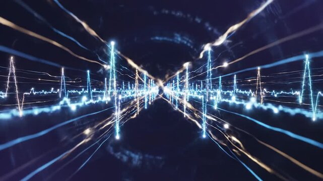 Video of abstract brainwave energy pulses forming flowing light patterns, neural activity animation, high tech medical data theme, futuristic AI inspired background.