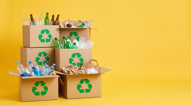 Recycling cardboard boxes filled with glass bottles and plastic waste on yellow background