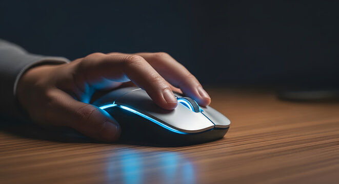 Hand grips gaming mouse with glowing blue light on wooden desk Hand grips glowing gaming mouse on wooden desk with blue light effect