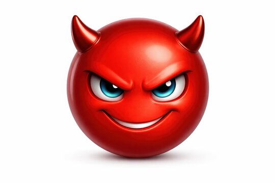 Red angry face with horns emoticon isolated on white background looking menacingly