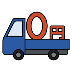 0円のロゴを載せた配送トラックのフラットイラスト