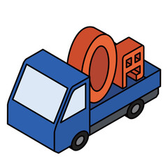 円ロゴを運ぶトラックのアイソメトリックイラスト
