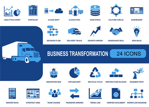 Business transformation icon set. Containing analytics, dashboard, cloud migration, workflow, strategy, restructure, roadmap, team change, trend line and more. Solid fill icons collection.
