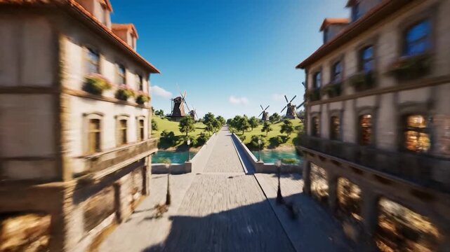 Panoramic aerial view of a charming European-style town with a prominent clock