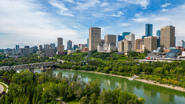 Aerial view of Edmonton Alberta skyline with river and greenery