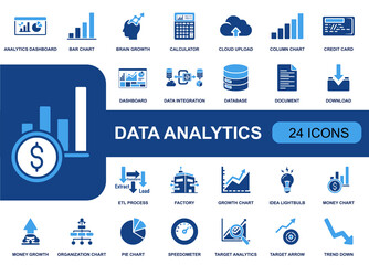 Data analytics icon set. Containing dashboard, bar chart, ETL process, database, cloud upload, data integration, KPI, target analytics, trends, finance and more. Solid fill icons collection.