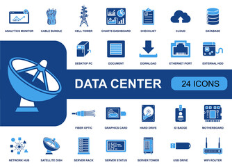 Data center icon set. Containing server rack, cloud, database, ethernet port, fiber optic, hard drive, router, satellite dish, GPU, motherboard and more. Solid fill icons collection. © Lisa