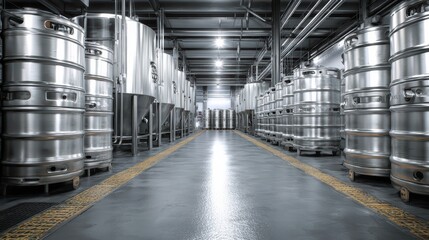 Stainless steel beer kegs inside industrial beer plant, clean and modern environment, realistic industrial photography
