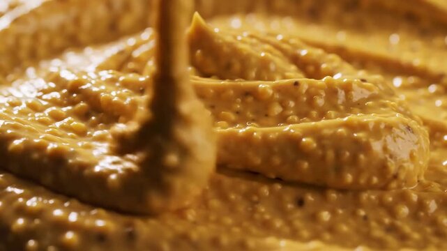 Video of Mustard Spread Detail \'96 Creamy yellow grainy pattern, gourmet condiment texture background, culinary ingredient concept, vibrant food branding visual for kitchen and restaurant media.