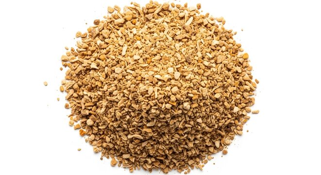 A pile of crushed wheat bran on a white background