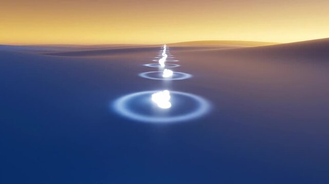 Conceptual discovery scene where a series of luminous footsteps appear one by one across a vast abstract landscape of smooth gradient terrain, subtle light pulses expanding outward with each step,
