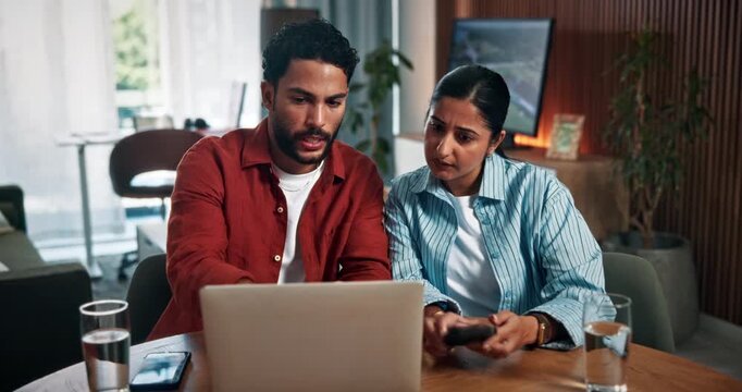Laptop, speaking and couple with phone in home, reading bills and online bank statement of expenses. Chat, income planning or people with tech for spending budget, saving idea or finance goal setting