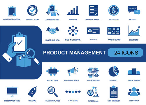 Product management icon set. Containing acceptance checklist, approval stamp, audit report, kanban board, analytics, pricing, rating, goals and more. Solid fill vector icons collection.