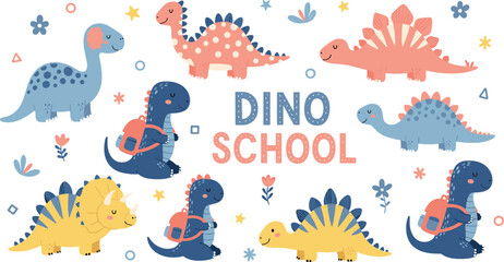 Dino school illustration set – cute dinosaurs with backpacks for kids © Yevhenii creative