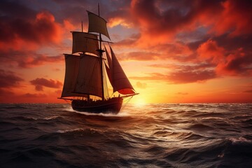 Fototapeta premium Tall ship sails on rough ocean water with beautiful red clouds and setting sun