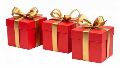 Obraz premium Three Red Gift Boxes with Gold Ribbons Perfect for Christmas and Holiday Celebrations Ideal for Gift Giving and Presents.