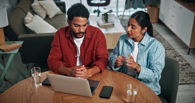 Laptop, planning and couple with discussion in home, reading bills or online bank statement of expenses. Chat, high angle or people with pc for spending budget, savings idea or finance goal setting