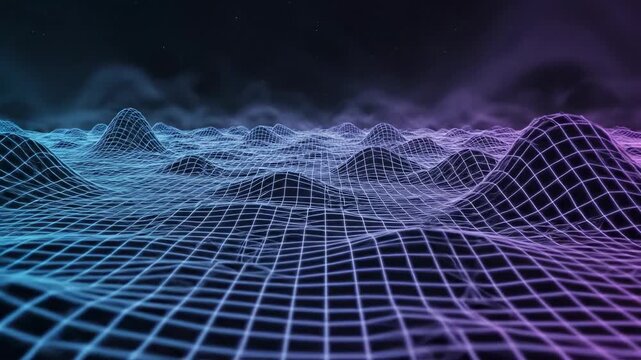 Video of a 3D wireframe environment with polygon grid forming virtual terrain, ideal for metaverse, digital landscape, data visualization, and futuristic technology concepts, expansive geometric mesh