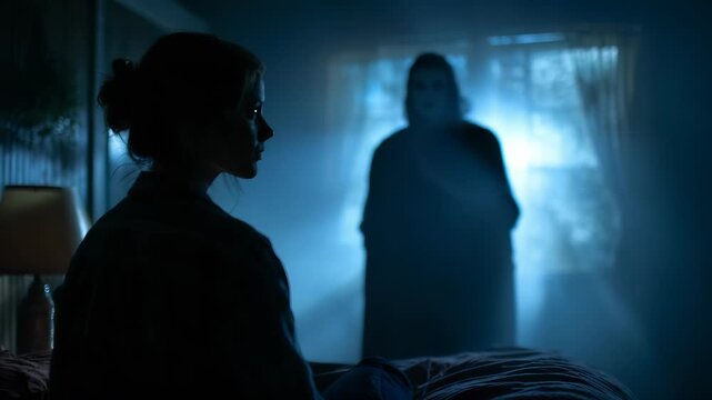 Eerie Silhouette Standing Over Sleeping Person in Dark Bedroom - Suspenseful Horror Stock Photo