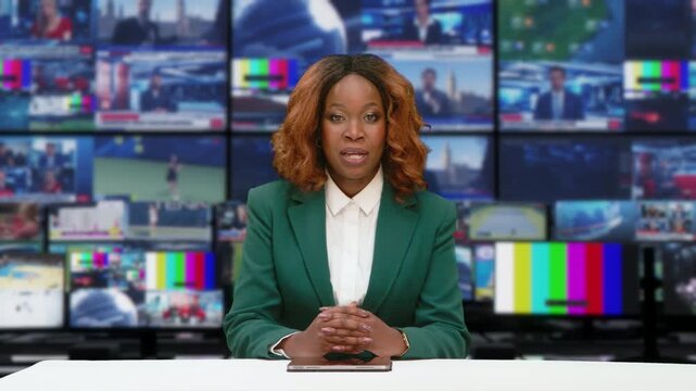 Black Female News Anchor Delivers Live Tv Bulletin From Studio Desk, Presenting Breaking News, Headlines. Blurred Multi-screen Control Room Feeds Newsroom Coverage in Background. TV Screen Replacement