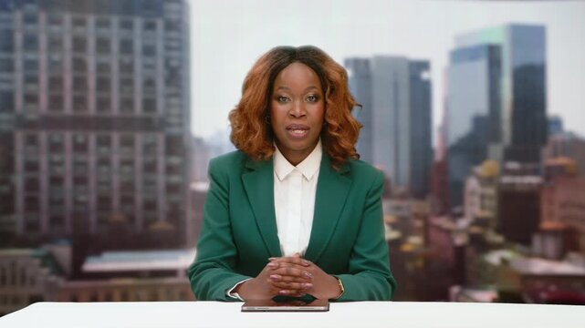 Black Female News Presenter Hosts Live Studio Newscast, Delivering Headlines, Breaking Updates,  International Information. Media, Television Content. Mockup Broadcast Playback, TV Screen Replacement