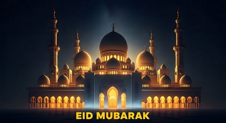 Eid Mubarak, illuminated mosque at night, Islamic architecture, Ramadan celebration