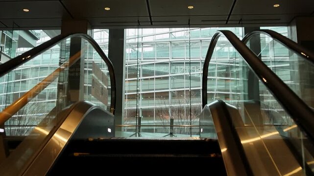 Modern interior with rainspeckled windows and sleek signage