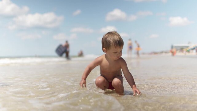 Kid collects shells and pebbles in the sea on a sandy bottom under the summer sun on a vacation