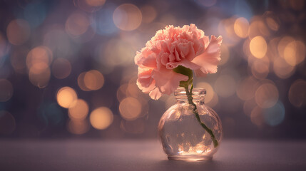 ガラス瓶に生けられた光るカーネーション