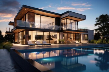 Fototapeta premium Contemporary house showcasing elegant architecture, large windows, and an outdoor pool reflecting the evening sky