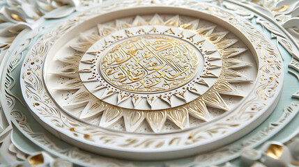 Obraz premium Ornate ceremonial plate with intricate designs and calligraphy displayed on a decorative surface 