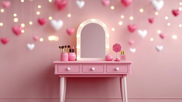 Pink vanity table with illuminated mirror, makeup brushes, decorative items, and heart-shaped decorations against a soft pink wall in a cozy interior setting