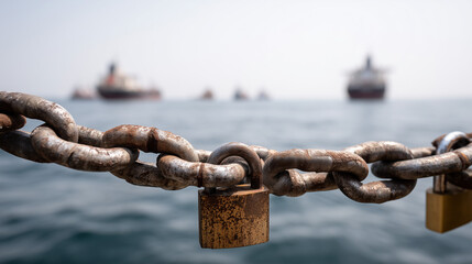 Maritime Security: Close-up of a weathered chain secured with padlocks, with the blurred outline of ships in the distance, representing the safeguarding of marine assets and strategic interests.