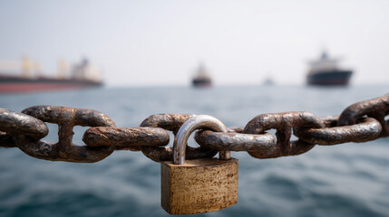 Security Chain at Sea: A close-up shot of a weathered chain and lock, symbolizing security, against the backdrop of ships sailing on the vast ocean.