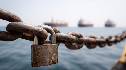 Rusty Chain and Lock Symbolize Security: A weathered chain and padlock, symbols of protection, stretch towards the sea. Blurred in the background, cargo ships suggest a maritime scene.