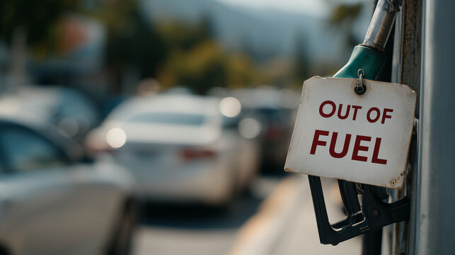 Fuel Shortage: The image shows a fuel dispenser with an Out of Fuel sign, reflecting the challenges of automotive transport