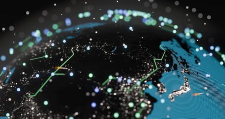 Fototapeta premium Displaying digital globe rotating in dark void, showing city lights, neon lines, nodes, cyan mesh