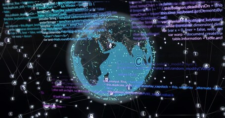 Fototapeta premium Displaying 3D globe showing lit coasts and ripples in dark digital view, with nodes, padlocks