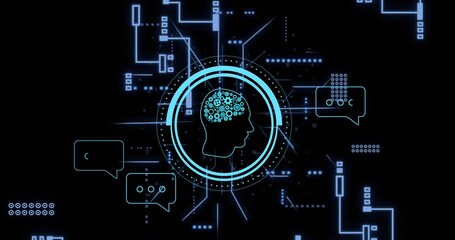 Glowing head silhouette pulsing inside digital UI, showing gears, rings, chat bubbles, traces