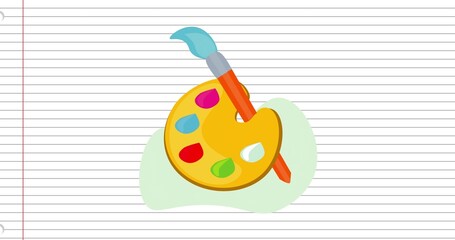 Naklejka premium Resting yellow artist palette with orange-handled brush on wide-ruled paper, with five paint dabs