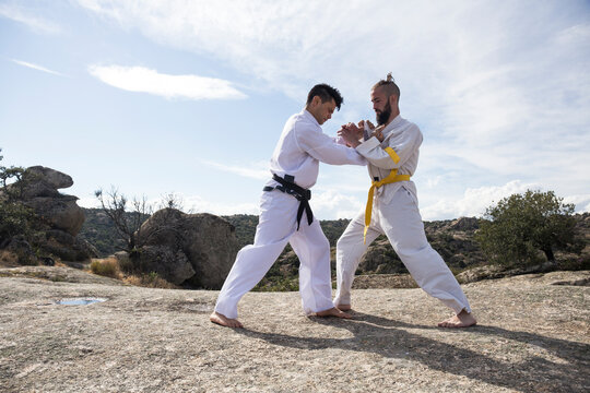 Men doing combat exercises during a martial arts training